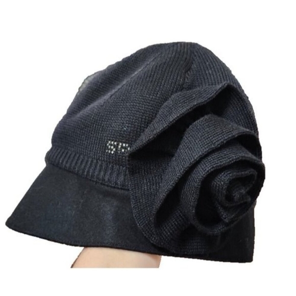 Sonia Rykiel Black Knit Hat Oversized Flower Detail Designer Women's Access T.2 - Picture 3 of 9